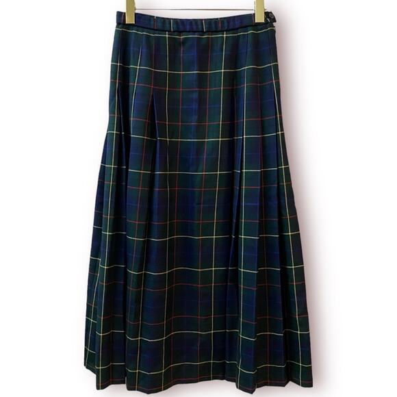 FABULOUS Vintage PENDLETON Classic Green Tartan Plaid Pleated Wool Midi Skirt - Picture 4 of 7